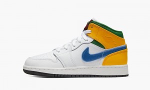 Nike Air Jordan 1 MID (GS) 'Three Peat' Kids Shoes White / Green / Yellow | 952317-EWH