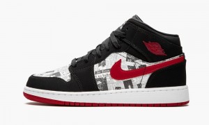 Nike Air Jordan 1 MID SE (GS) 'Newspaper' Kids Shoes Black / Red / White | 980241-BSZ