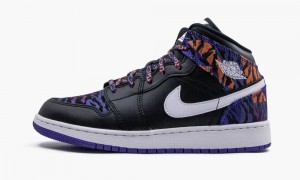 Nike Air Jordan 1 MID SE (GS) 'Tiger Print' Kids Shoes Black / White / Purple | 314270-VKH