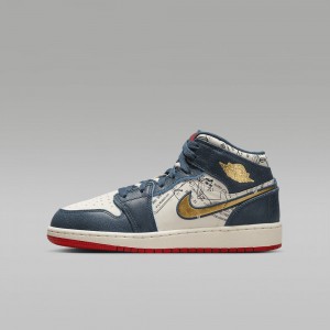 Nike Air Jordan 1 MID SE Kids Shoes White / Blue | 753468-ZJK