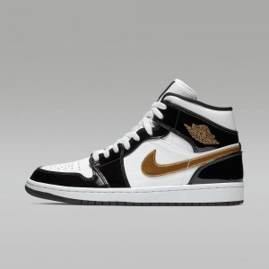 Nike Air Jordan 1 MID SE Mens Shoes Black / White / Metal Gold | 258304-WPA