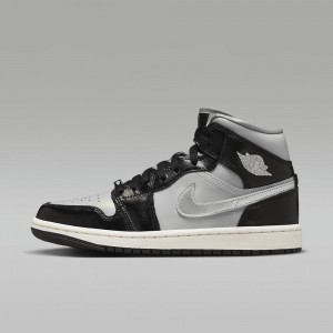 Nike Air Jordan 1 MID SE Mens Shoes Black / Light Grey / Metal Silver | 356108-ZIA