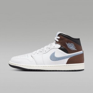 Nike Air Jordan 1 MID SE Mens Shoes White / Black / Blue Grey | 753649-XCZ