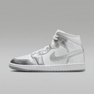 Nike Air Jordan 1 MID SE Womens Shoes White / Grey / Metal Silver | 407156-WVO