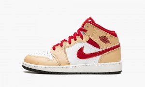 Nike Air Jordan 1 Mid GS 'Beige / Red' Kids Shoes White / Deep Yellow | 528369-OEX