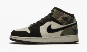 Nike Air Jordan 1 Mid GS 'Camo' Kids Shoes Light Beige / Black | 652170-GRJ