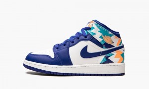 Nike Air Jordan 1 Mid GS 'Geometric Print' Kids Shoes White / Blue | 039147-XYG