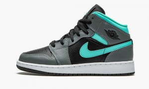 Nike Air Jordan 1 Mid GS 'Grey / Aqua' Kids Shoes Black / Green / Grey | 694312-DIU