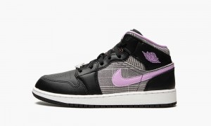 Nike Air Jordan 1 Mid GS 'Houndstooth' Kids Shoes Black / Purple / White / Metal | 629501-TYX