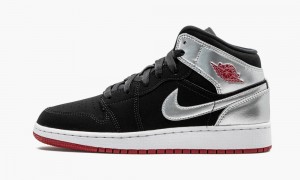 Nike Air Jordan 1 Mid (GS) Kids Shoes Black / Red / Metal Silver | 279048-FTL