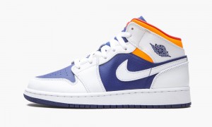 Nike Air Jordan 1 Mid GS 'White Deep Royal Blue' Kids Shoes White / Orange | 935127-UNB