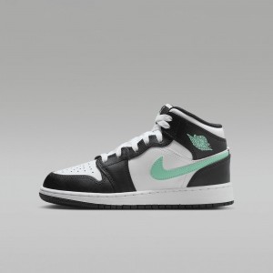 Nike Air Jordan 1 Mid Kids Shoes Black / White / Green | 586240-UMS