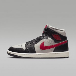 Nike Air Jordan 1 Mid Mens Shoes Black / Grey / Red | 726941-NLM