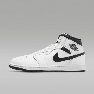 Nike Air Jordan 1 Mid Mens Shoes White / Black | 485037-YUB