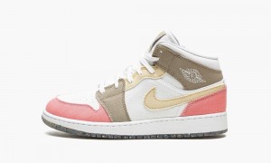 Nike Air Jordan 1 Mid 'Pastel Vivid Green Grind' Kids Shoes White / Green / Pink / Brown | 597082-MDT