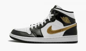 Nike Air Jordan 1 Mid SE 'Black Gold Patent Leather' Mens Shoes Black / Metal Gold / White | 647921-VBP