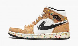 Nike Air Jordan 1 Mid SE 'Brushstroke' Mens Shoes White Red Brown | 235961-ASO