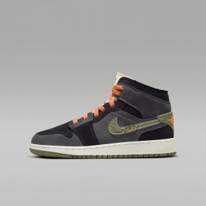 Nike Air Jordan 1 Mid SE Craft Kids Shoes Dark Grey / Black / Blue Light Olive | 058394-CAJ