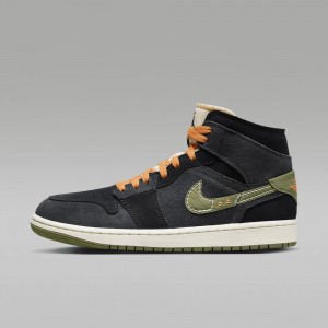 Nike Air Jordan 1 Mid SE Craft Mens Shoes Dark Grey / Black / Blue Light Olive | 651728-IZV