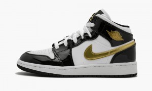 Nike Air Jordan 1 Mid SE (GS) 'Black Gold Patent Leather' Kids Shoes Black / Metal Gold / White | 306812-AXG