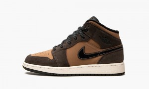 Nike Air Jordan 1 Mid SE GS 'Earth Tone' Kids Shoes Dark Chocolate / Red | 984261-YJO