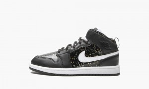 Nike Air Jordan 1 Mid SE PS 'Black Glitter' Kids Shoes Black / White / Gold | 065934-YRP