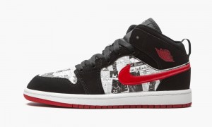 Nike Air Jordan 1 Mid SE (PS) 'Newspaper Air Times' Kids Shoes Black / Red / White | 370852-DRG