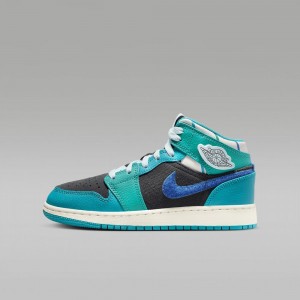 Nike Air Jordan 1 Mid Sneaker School Kids Shoes Dark Grey / Turquoise / Blue | 175396-SAJ