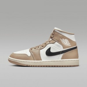 Nike Air Jordan 1 Mid Womens Shoes Khaki / Black / White | 879264-YNK