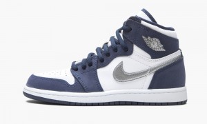 Nike Air Jordan 1 Retro High Co.Jp PS 'Midnight Navy' Kids Shoes White / Metal Silver | 876541-BAY