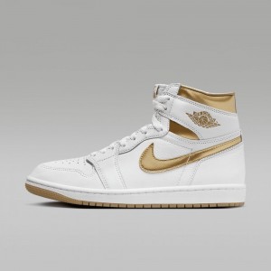 Nike Air Jordan 1 Retro High OG "White and Gold" Womens Shoes White / Light Brown / Metal Gold | 613902-NGW