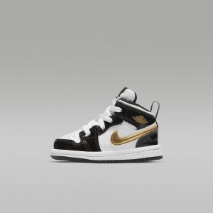 Nike Jordan 1 Mid SE Kids Shoes Black / White / Metal Gold | 871596-RMG