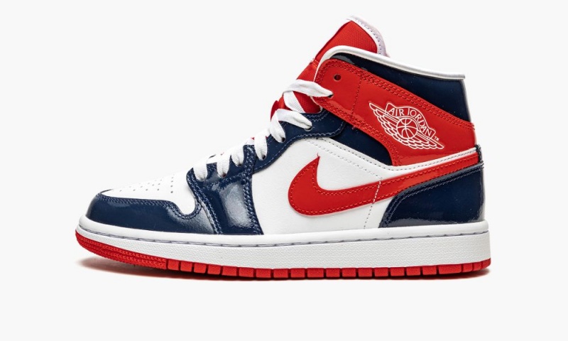 Nike Air Jordan 1 Mid \'Patent Leather Navy / White / Red\' Womens Shoes Navy / Red / White | 812305-ISY