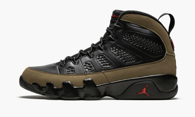 Nike Air Jordan 9 Retro \'Olive\' Mens Shoes Black / Red / Light Olive | 684327-VIL