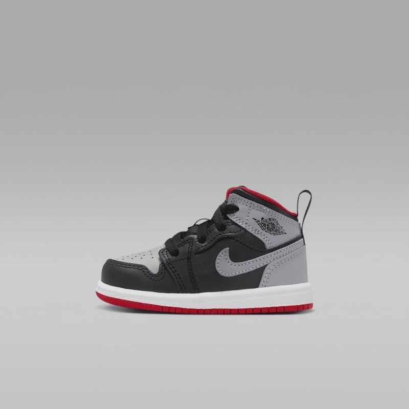 Nike Jordan 1 Mid Kids Shoes Black / Grey / Red | 802715-FXN